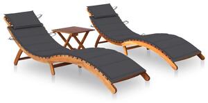 Șezlonguri, 2 buc., cu masă și perne, lemn masiv de acacia
