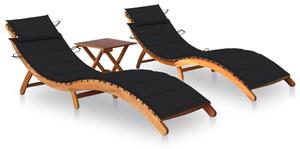 Șezlonguri, 2 buc., cu masă și perne, lemn masiv de acacia