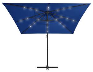 Umbrelă suspendată cu LED și stâlp oțel, azuriu, 250 x 250 cm