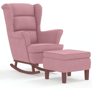 Scaun balansoar, picioare din lemn și taburet, roz, catifea