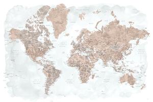 Harta Neutrals and muted blue watercolor world map with cities, Calista, Blursbyai