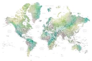 Harta Watercolor world map with cities in muted green, Oriole, Blursbyai, (40 x 26.7 cm)