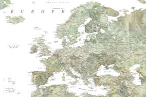 Harta Detailed map of Europe in green watercolor, Blursbyai