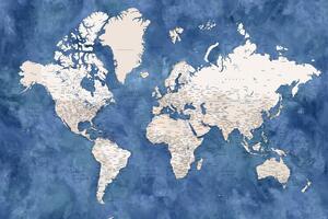 Harta Blue and beige watercolor detailed world map, Blursbyai