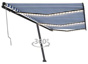 Copertină automată cu senzor vânt&LED, albastru/alb, 600x350 cm