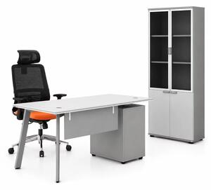 Set Serenity & Infinity - Birou cu dulap lateral, scaun ergonomic si dulap cu usi din sticla