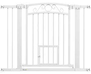 PawHut Ușă de Siguranță pentru Câini de Interior cu 2 Extensii și Ușiță pentru Pisici, 76-104x77 cm, Alb | Aosom Romania