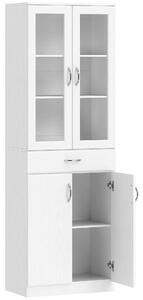 HOMCOM Dulap de Bucătărie Înalt 180 cm cu Uși din Sticlă Soft-Close, Sertar și 2 Dulapuri, Polițe Reglabile, Alb | Aosom Romania