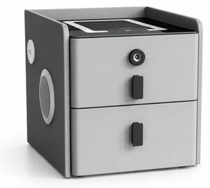 Noptiera inteligenta slim cu incarcare wireless, iluminare LED, difuzor Bluetooth, port USB & Type-C si sistem cu amprenta – culoare gri antracit, 2 sertare, design modern din sticla si lemn