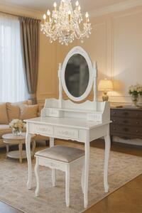 Masa de machiaj vintage cu oglinda ovala si taburet – Model Elegance White