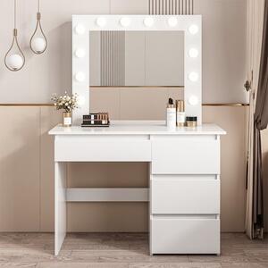 Masă de toaletă albă cu sertare și oglindă – 94×43×140 cm – set machiaj elegant