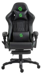 Scaun gaming, Masaj in 7 puncte, Boxe Bluetooth, funcție șezlong, 90-155 grade, suport picioare, PU, Negru/cusatura verde