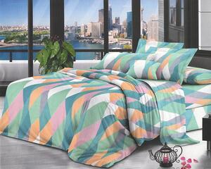 Lenjerie de pat pentru o persoana cu husa elastic pat si fata perna dreptunghiulara, Ishana, bumbac mercerizat, multicolor
