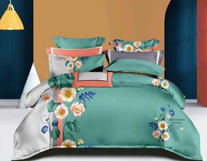 Lenjerie de pat pentru o persoana cu husa elastic pat si fata perna dreptunghiulara, Aija, bumbac mercerizat, multicolor