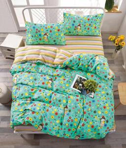 Lenjerie de pat pentru o persoana cu husa elastic pat si fata perna dreptunghiulara, Kimana, bumbac mercerizat, multicolor