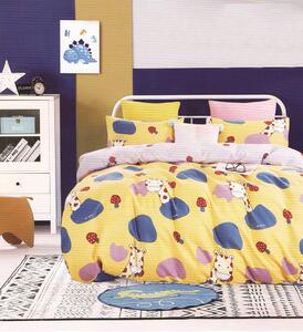 Lenjerie de pat pentru o persoana cu husa elastic pat si fata perna dreptunghiulara, Kiaria, bumbac mercerizat, multicolor