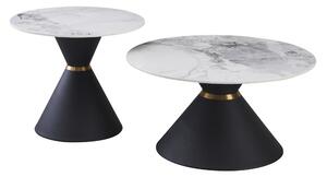 Set 2 masute cafea MABUZ, alb cu efect de marmura/negru, ceramica/otel