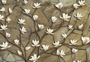 Fototapet - Magnolii albe pe zidărie de piatră (147x102 cm)