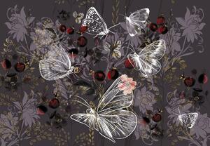 Fototapet - Fluturi vintage cu flori, mov (147x102 cm)