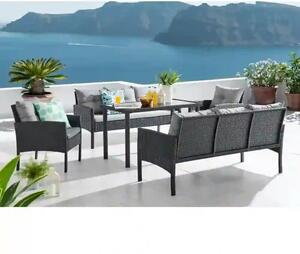 Set gradina LERON, negru/gri, ratan/otel/sticla securizata, cu masa, 2