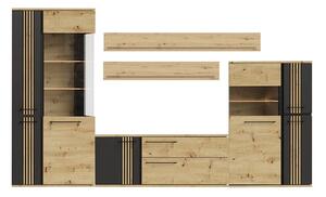 Mobilier living MOLTO A, stejar artisan/negru, PAL/sticla, cu iluminar