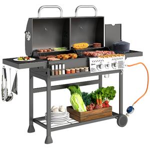 Outsunny Grill Gaz-Cărbune, 3 Arzătoare 7kW, Negru | Aosom Romania