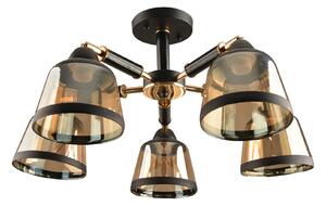 Candelabru Klausen Darkish PL5 5xE27 cu abajururi sticla ambra si structura metalica neagra, 29x58 cm, corp iluminat elegant pentru living interior