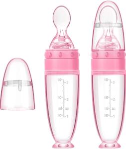 Lingurita din silicon cu rezervor gradat pentru bebelusi, hranire usoara fara BPA, 20,3 cm, roz