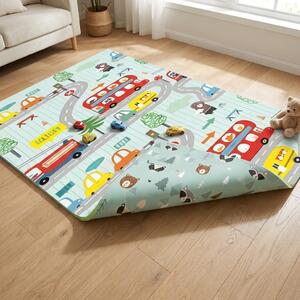 Covoras de Joacă pentru Copii – Termic, Antiderapant, Pliabil, Protectie Împotriva Loviturilor, Model Sosea & Padure, 200x180 cm, Grosime 1 cm, Multicolor