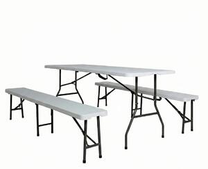 Set masa pliabila 4 persoane din otel cu HDPE + doua banci pliabile pentru gradina, camping