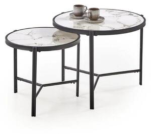 Set 2 masute cafea FATIMA, alb cu efect de marmura/negru, ceramica/met
