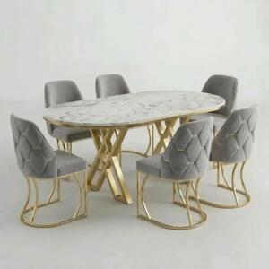 Set Masă și 6 Scaune Fergana, Stil Elegant, Detalii Aurii, 85x160 cm, Blat Marmorat Alb