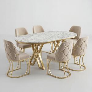 Set Masă și 6 Scaune Fergana, Stil Elegant, Detalii Aurii, 85x160 cm, Blat Marmorat Alb