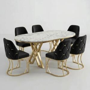 Set Masă și 6 Scaune Fergana, Stil Elegant, Detalii Aurii, 85x160 cm, Blat Marmorat Alb