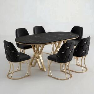 Set Masa şi 6 Scaune Fergana, Stil Elegant, Detalii Aurii, 85x160 cm, Blat Marmorat Negru