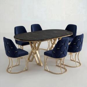 Set Masa şi 6 Scaune Fergana, Stil Elegant, Detalii Aurii, 85x160 cm, Blat Marmorat Negru