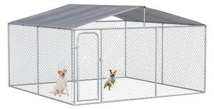 PawHut Țarc pentru Câini Talie Medie, Metal Galvanizat, Acoperiș Oxford, Ușă cu Zăvor, 400x230x232 cm, Argintiu | Aosom Romania