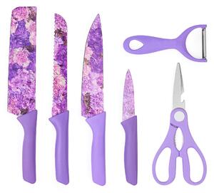 Set cutite onuvio, 6 piese - cuțit de chef, cuțit de pâine, satăr, ustensilă pentru decojit, foarfecă alimentară, cutit pentru fructe și legume, aliaj 3cr13 anticoroziv, colorate și cu strat