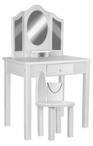 Masa de toaleta, machiaj, pentru copii, lemn, cu oglinda, sertar si scaun, alb, 46x32x81 cm, Kruzzel