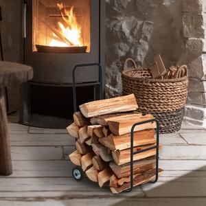 Outsunny Suport pentru lemne de foc Suport lemne cu 2 roti carucior din metal, negru, 56x40x90.5cm | Aosom Ro