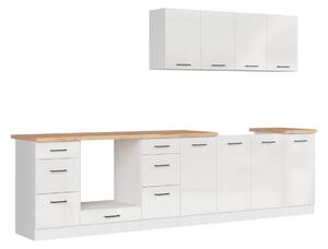 Set bucatarie JUNONA LINE, alb lucios, PAL, 300 cm, cu blat stejar art