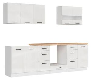 Set bucatarie JUNONA LINE, alb lucios, PAL, 260 cm, cu blat stejar art