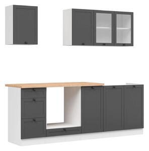 Set bucatarie JUNONA LINE, gri grafit/alb, PAL, 220 cm, cu blat stejar