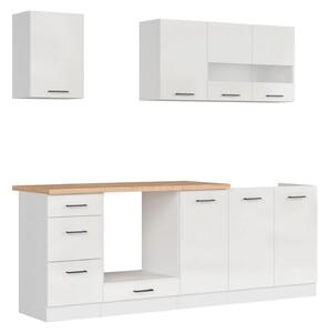 Set bucatarie JUNONA LINE, alb lucios, PAL, 220 cm, cu blat stejar art