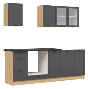 Set bucatarie JUNONA LINE, gri grafit/stejar, PAL, 220 cm, cu blat neg