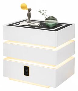 Noptieră inteligentă cu funcții smart și design elegant-iluminare LED ,3 sertare,încărcare wireless 15W,cod lock-WHITE