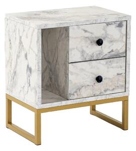 Noptiera GLIMMER, alb cu efect de marmura/auriu, PAL/metal, 46x30x50 c