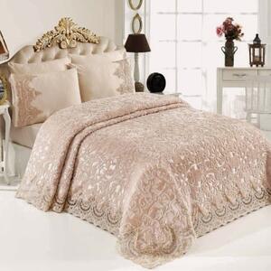 Set Luxury pentru pat, Patura cu dantela + Cearceaf de pat + 4 fete de perna, Bej