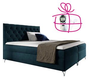 KONDELA Pat cu boxspring, 140x200, albastru închis Velvet, GULIETTE + cadou