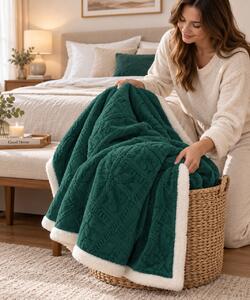 Pătură Cocolino cu blăniță Sherpa, model Romb Floral Embosat, Verde Închis, 200 × 230 cm